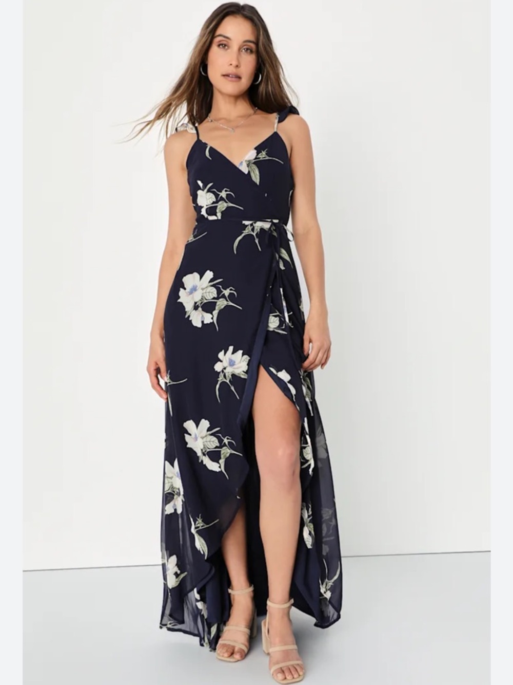 All Mine Navy Blue Floral Print High-Low Wrap Dress